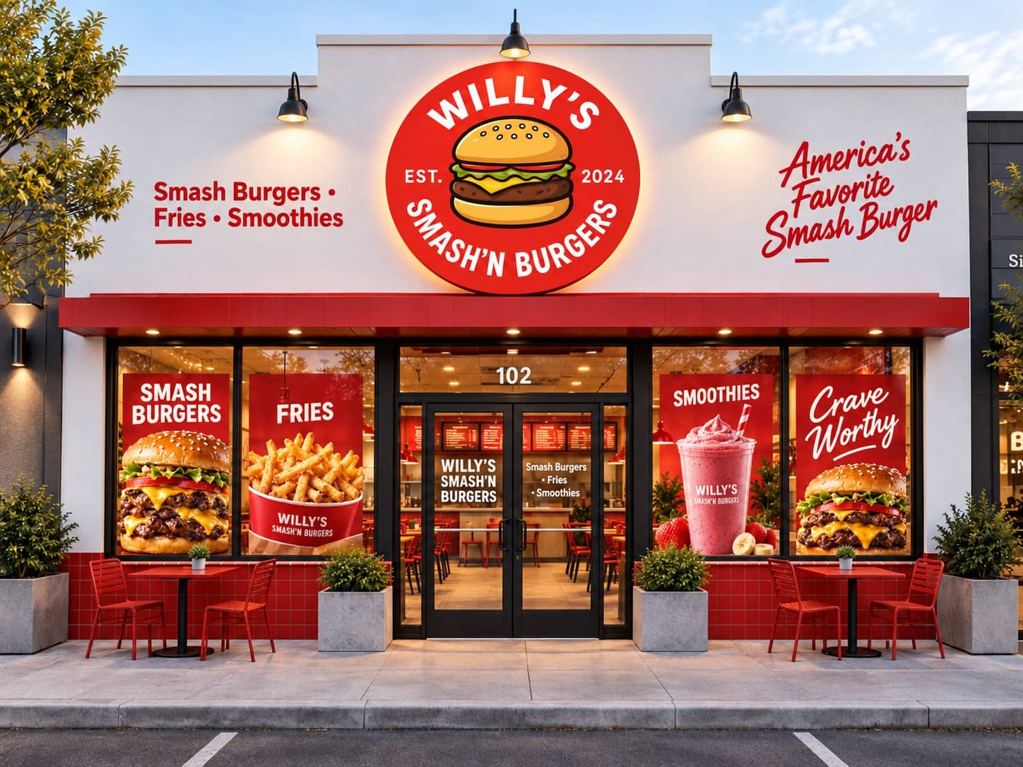 Bright white Willy's Smash'N Burgers storefront with the illuminated red logo sign, red awning and patio seating