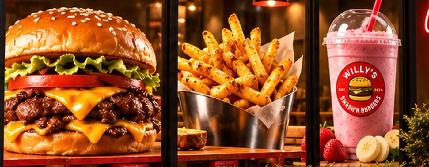 Smash burger, seasoned fries and a strawberry banana smoothie on the counter at Willy's