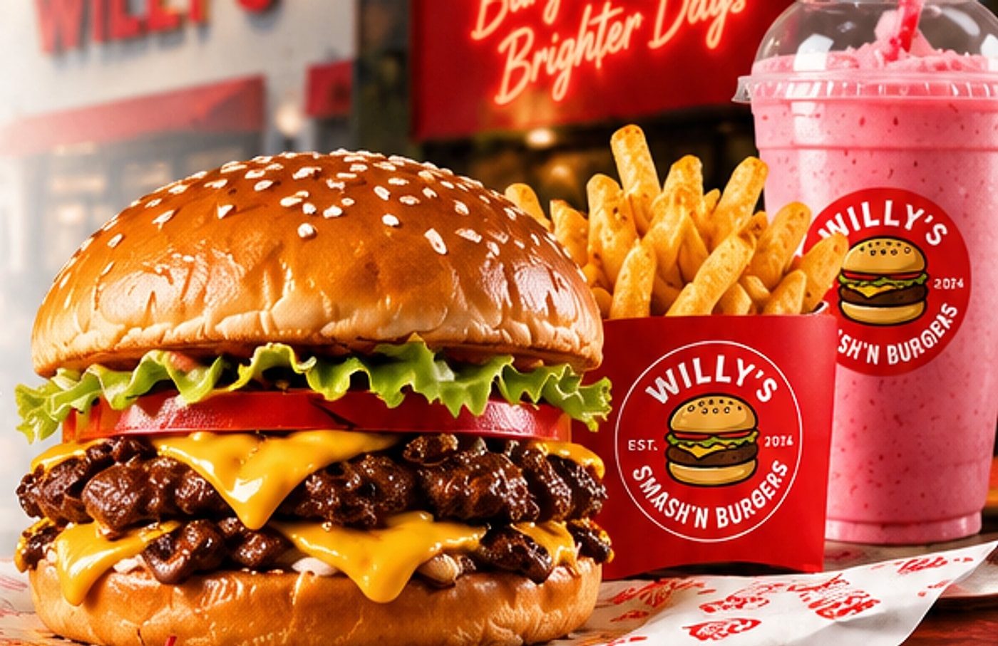Double smash burger with melted American cheese, lettuce and tomato beside Willy's branded fries and a strawberry smoothie