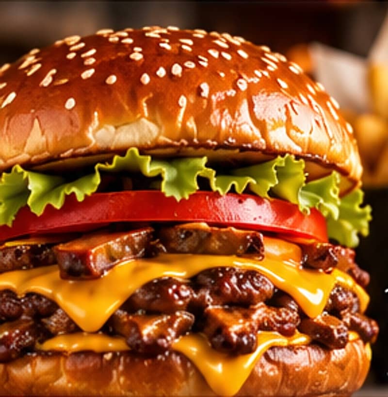 Towering double smash burger with dripping American cheese on a toasted sesame bun