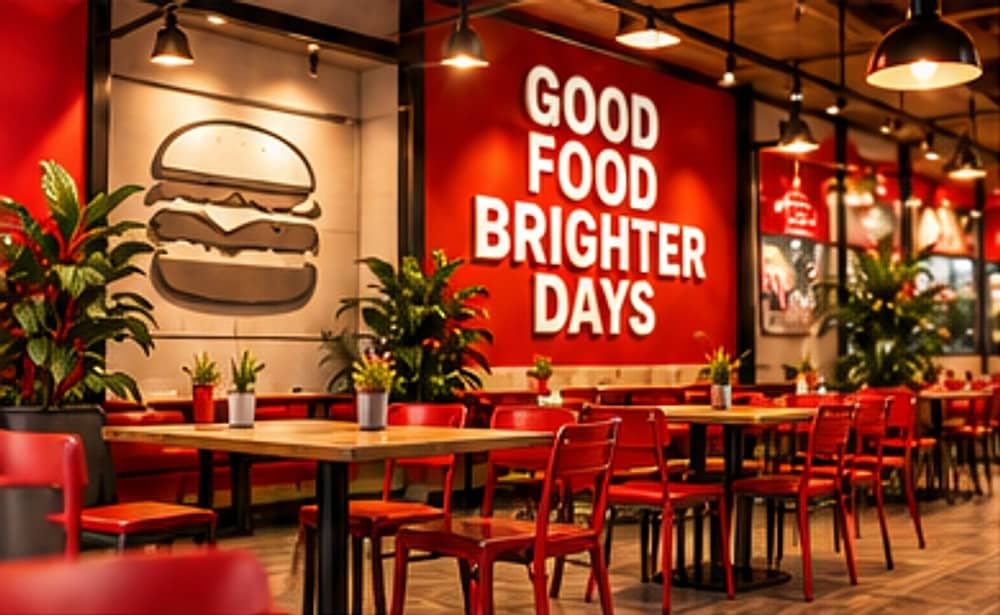 Willy's dining room with red chairs, warm pendant lighting and a Good Food Brighter Days wall