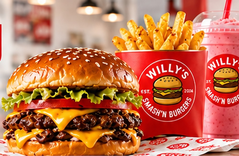 Willy's double smash burger with a bucket of golden fries and a strawberry smoothie