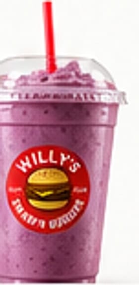 Mixed berry smoothie in a Willy's cup with a red straw