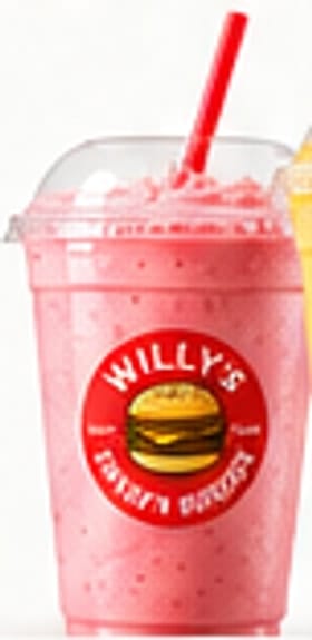 Strawberry smoothie in a Willy's cup with a red straw