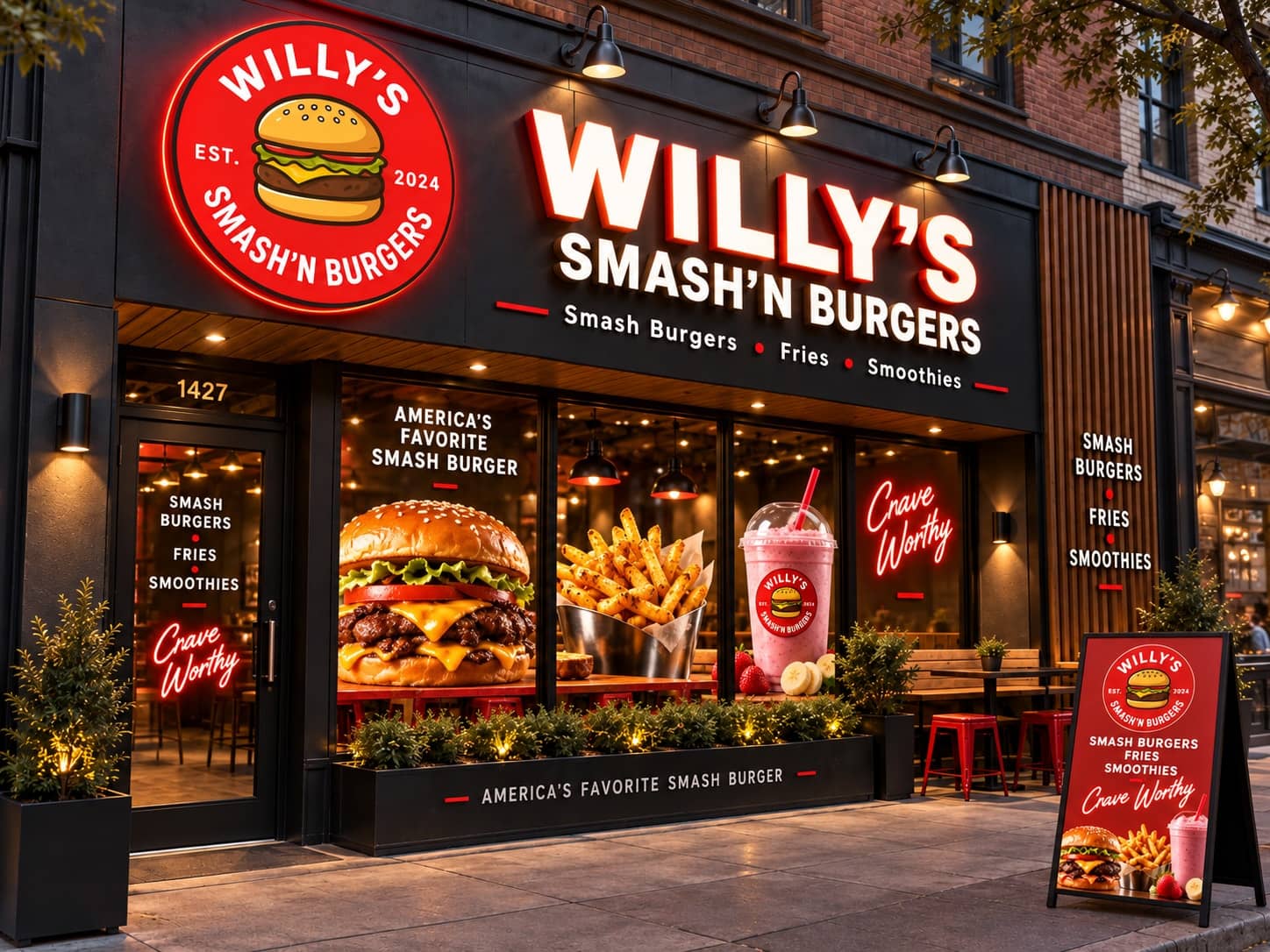 Urban Willy's Smash'N Burgers storefront at dusk with neon Crave Worthy signage