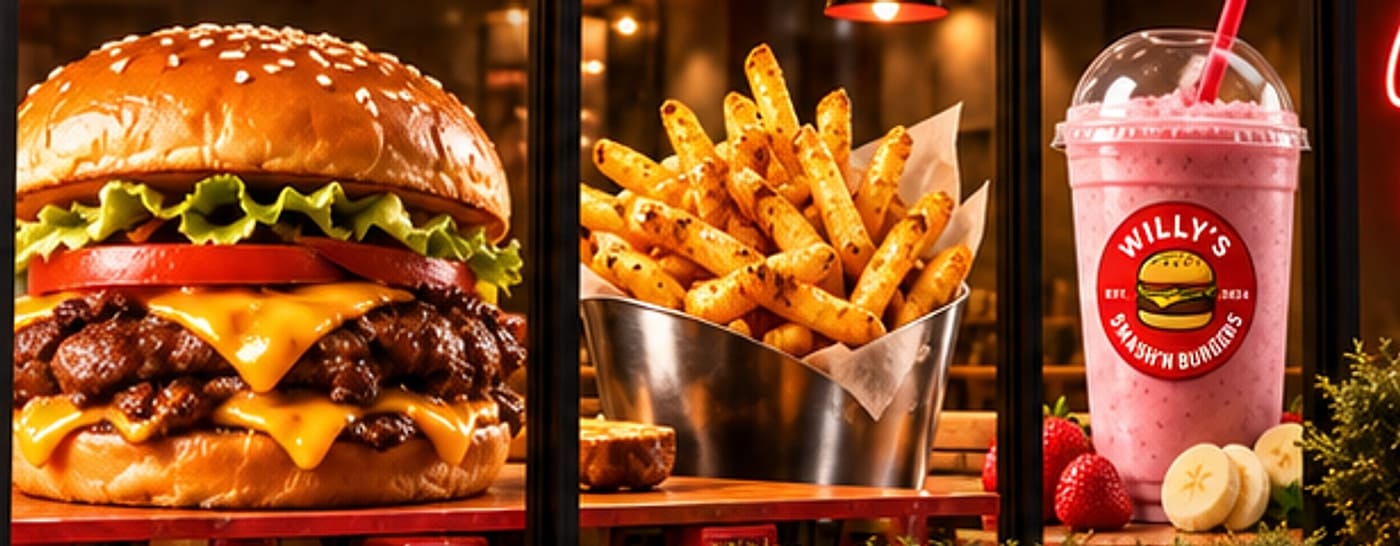 Smash burger, seasoned fries and a strawberry banana smoothie on the counter at Willy's